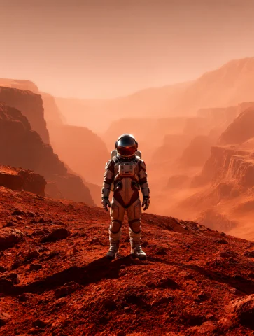 Wide-angle Shot Of A Lone Astronaut Standing On The Rugged R... — Stable Diffusion AI Prompt: Wide-angle shot of a lone astronaut standing on the rugged red terrain of Mars,...