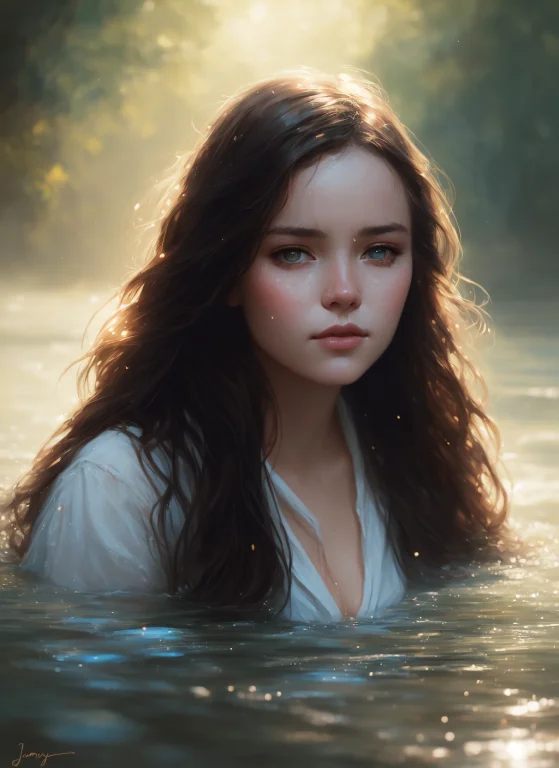 Close Up Portrait Of A Cute Woman Bathing In A River, Reeds,...