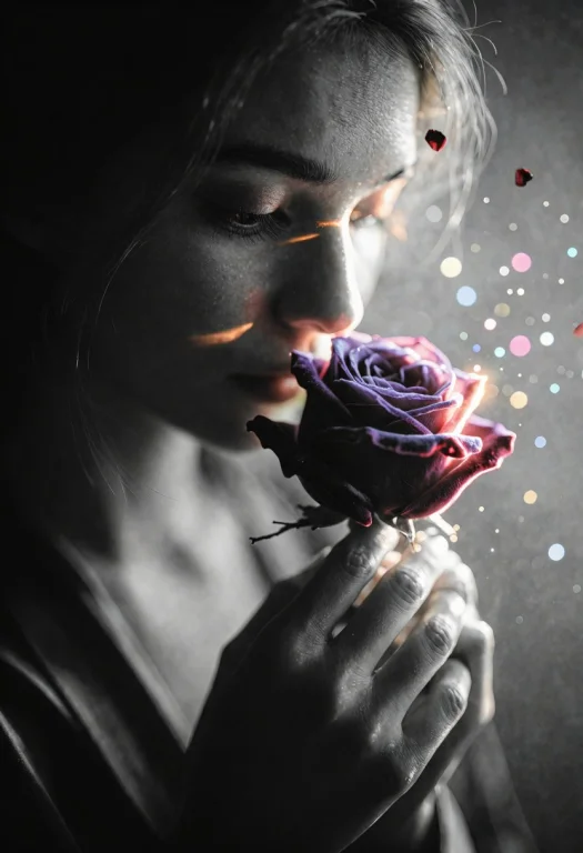 Vishalknn, A Woman Holding A Single Dark Rose Close To Her F...