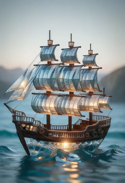 Pirate Ship Made Of Origame Folded Paper, Swimming In A Glas...