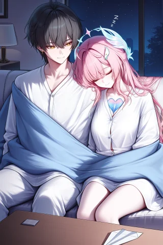 Aemeath and Rover Night Portrait — Stable Diffusion AI Prompt: medium shot, sofa at night, aemeath in an oversized shirt falling asleep against...