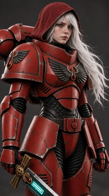Female Wearing An Blo0da40k Armor With A Hood, Her Long Hair...