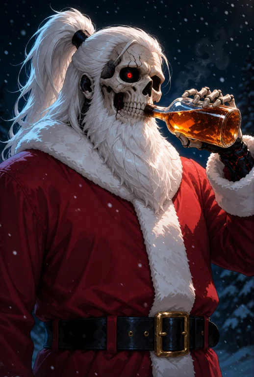 An Undead Skeleton Santa Claus, Lich, With Long White Hair T...