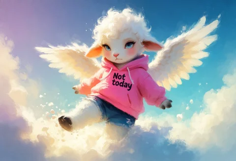 Cute Angel Sheep Floating in Clouds — Stable Diffusion AI Prompt: GrimmsPaint, SplashPastoDaal, A whimsical soft digital painting, of a cute anthr...