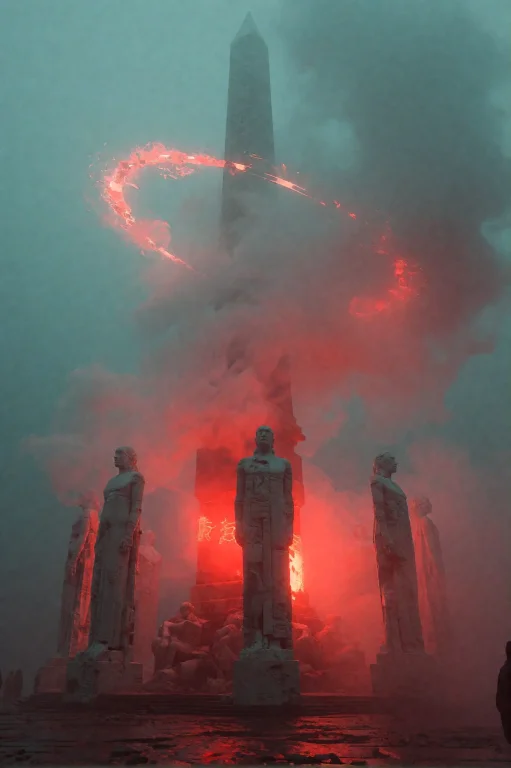 Towering Obelisk Ringed By Monolithic Statues, Swirling Gloo...