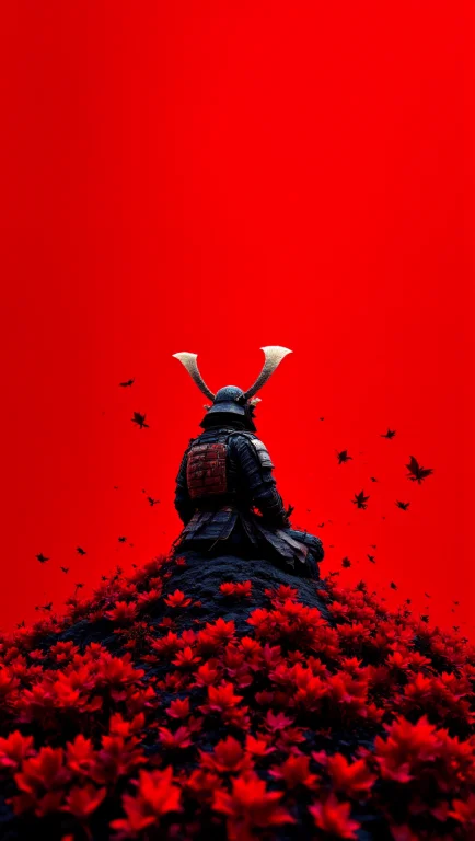 A Solitary Samurai Warrior, Back To The Viewer, Sits In A Me...