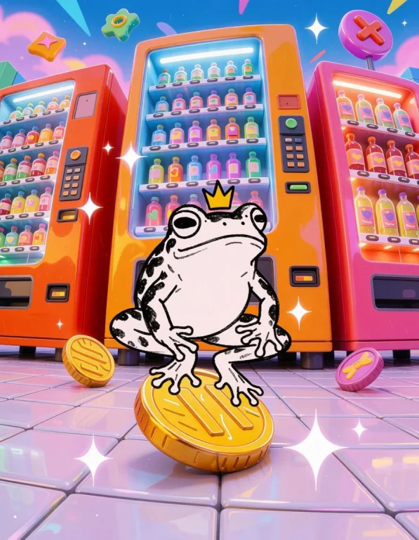 Illustrate A Frog With A Tiny Crown Standing In A Giant Vend...