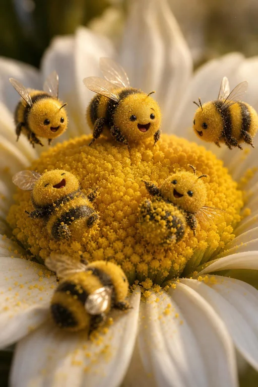 Tiny Cute Bees With Simple Smiling Faces With Round Bodies,...