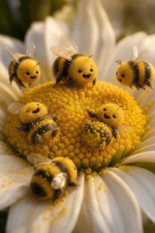 Tiny Cute Bees With Simple Smiling Faces With Round Bodies,... — Stable Diffusion AI Prompt: tiny cute bees with simple smiling faces with round bodies, photorealistic, 3d t...