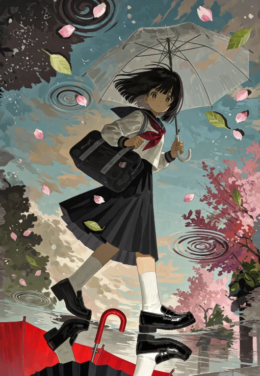 A Vertical, Surreal Full-shot Photograph Utilizes A Rainy St...