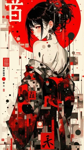 Poster Art. Stunning Beauty Japanese Woman. Girl Poses Looki... — FLUX AI Prompt: poster art. stunning beauty japanese woman. Girl poses looking back. ink, abstra...