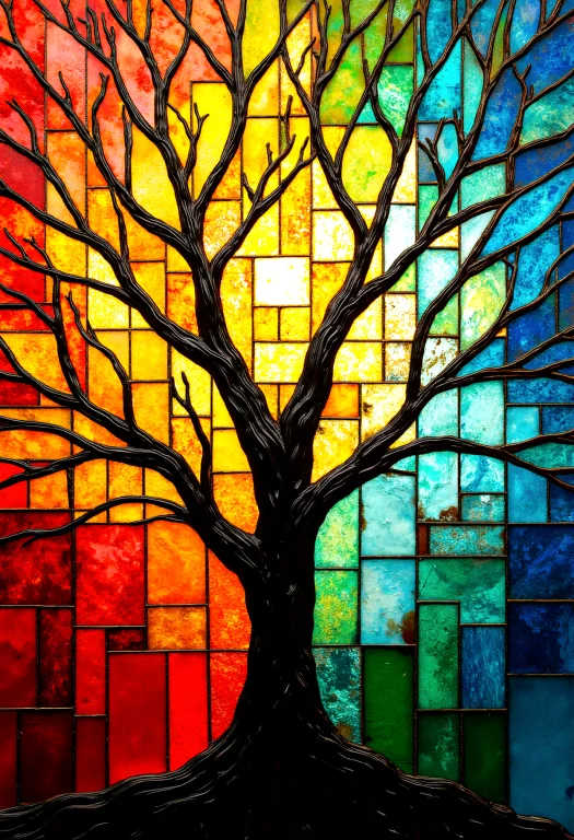 An Abstract Stained Glass Tree Radiating Life And Energy, It...