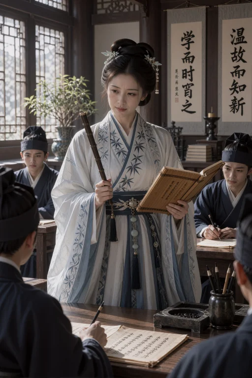 书院课堂内，一名39岁中国女子站在木桌之间，身体正面略转向画面...