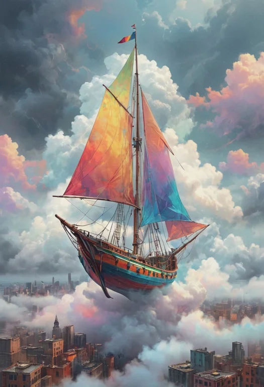 A Colorful Magic Sail Boat Sailing On Top Of Clouds Above A...