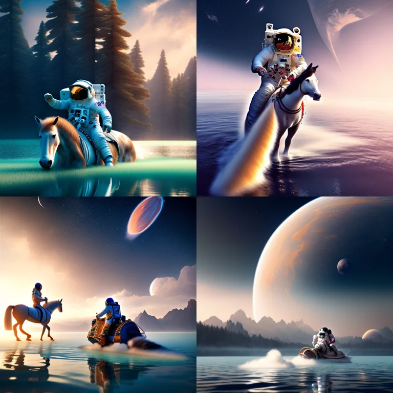 Astronaut Ridding A Horse In A Lake Castle Faraway In Horizo...