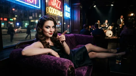 Noir Jazz Scene Art — Stable Diffusion AI Prompt: Noir jazz scene, a jazz lounge. A 28 year old woman lounges on a purple velvet c...