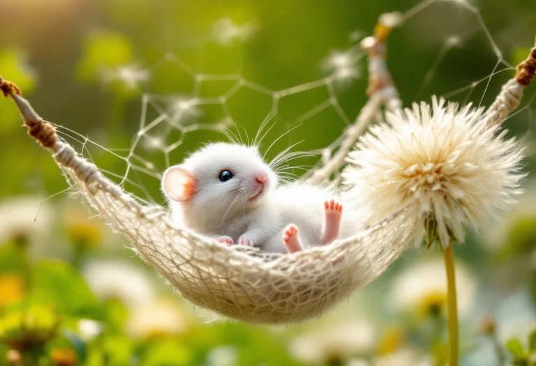 Little Fluffy White Mouse Rolling In A Spider Web Hammock Be...