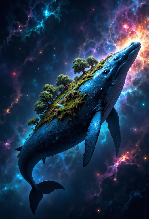 A Giant Blue Whale Floating Through Space. A Landscape With...