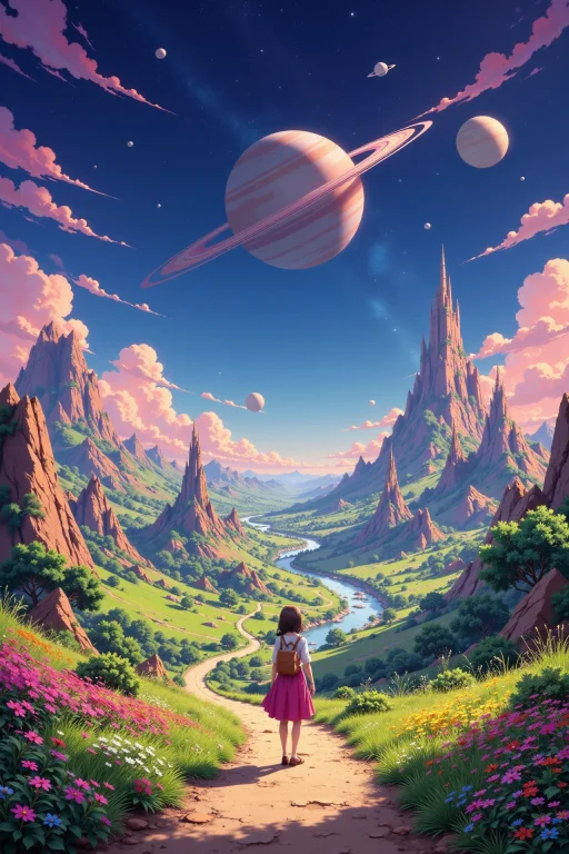 A Saturn Colony Beautiful Anime Landscape, Morning, Woman, V...