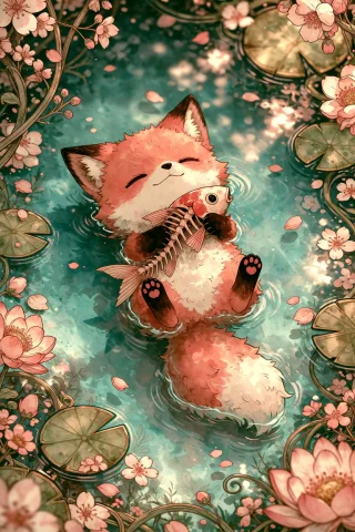 A Tiny Chibi Fox Drifts In A State Of Pure Bliss, Floating O... — Stable Diffusion AI Prompt: A tiny chibi fox drifts in a state of pure bliss, floating on its back amidst th...