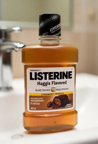 A Bottle Of Listerine, The Label Prominently Featuring The T... — FLUX AI Prompt: A bottle of Listerine, the label prominently featuring the text 'Haggis Flavored...