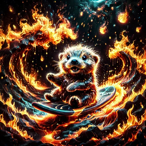 Neon Otter Surfboard Lava — SDXL AI Prompt: A spectacular, high-action digital illustration of a cute baby sea otter riding...