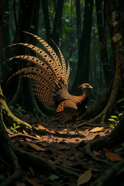 Nature, A Male Great Argus Pheasant Displaying On The Dim Ra...