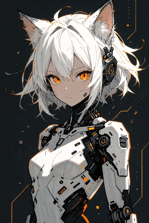A Graphic Anime-style Portrait Of A Cybernetic Cat-girl With...