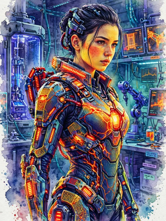 A Sleek Female Warrior Clad In A High-tech Powered Exoskelet...