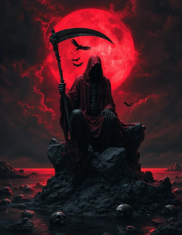 A Grim Reaper In A Flowing Red Robe Sits On A Rocky Outcrop...