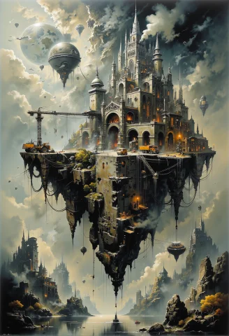 A Surreal, Floating Cityscape Rises On A Massive Rock Pedest... — FLUX AI Prompt: A surreal, floating cityscape rises on a massive rock pedestal above a calm ocea...