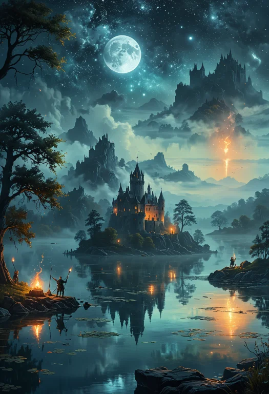 A Mystical Scene At Night, With A Big Quiet Lake With A Grou...