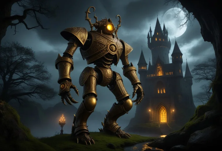 Giant Bipedal Robot Brass And Dark Yellow Paint, Bronze Pais...