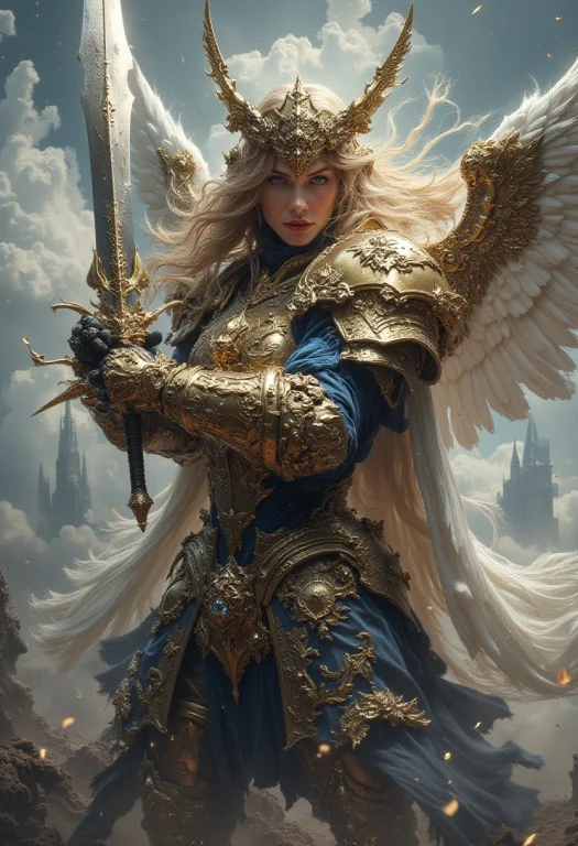 A Stunning Angelic Blonde Knight, In Golden And Blue Armor,...