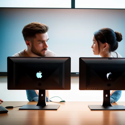 A 26 Year Old Young Girl And A 23 Year Old Men Working In Ap... — Stable Diffusion AI Prompt: a 26 year old young girl and a 23 year old men working in Apple office, (8k, bes...