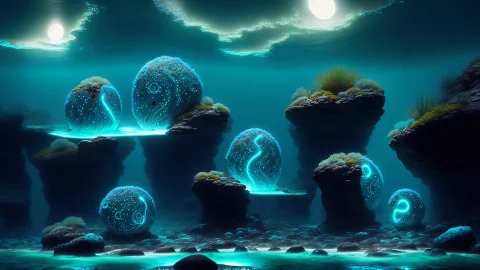 Dreamlikeart Bioluminescent Ethereal Water Elementals Nestin... — Stable Diffusion AI Prompt: dreamlikeart bioluminescent ethereal water elementals nesting in a rock pool