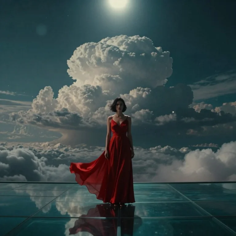 Low Angle Wide Shot, Woman In Flowing Crimson Silk Gown, Sta...