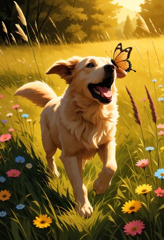 Golden Retriever Puppy Bounding Through A Sunlit Meadow, Cha... — Stable Diffusion AI Prompt: Golden retriever puppy bounding through a sunlit meadow, chasing a butterfly tha...