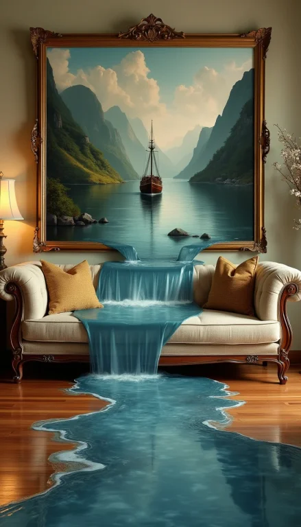 A Surreal Photograph Of A River Floating Out Of An Oil Paint...
