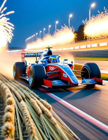 A Massive Formula One Racing Car Entirely Woven From Bound S... — SDXL AI Prompt: A massive Formula One racing car entirely woven from bound straw stalks, speedin...