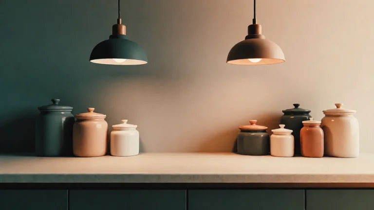 A Kitchen Counter With Two Pendant Lights Hanging Above It A...