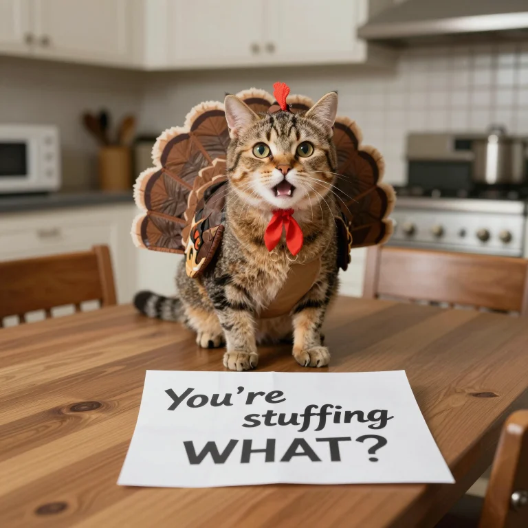 A Vintage Photo Of A Surprised Cat Wearing A Turkey Outfit,...