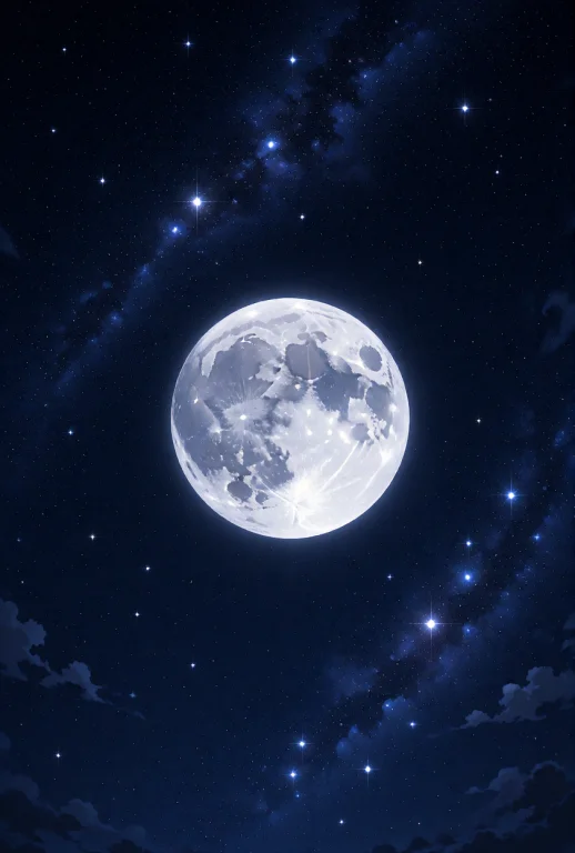 A Large, Glowing Full Moon Centered In A Vast, Deep Indigo N...