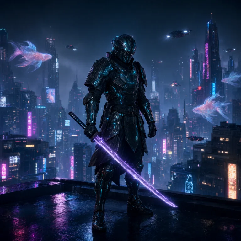 A Hyper-realistic, Cinematic Wide Shot Of A Cybernetic Ronin...
