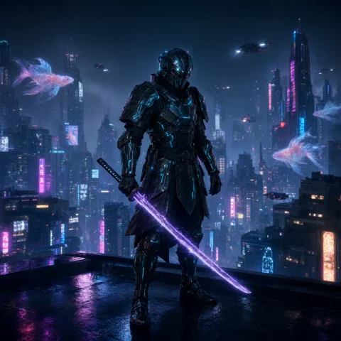 A Hyper-realistic, Cinematic Wide Shot Of A Cybernetic Ronin... — Stable Diffusion AI Prompt: A hyper-realistic, cinematic wide shot of a cybernetic ronin standing on the edg...