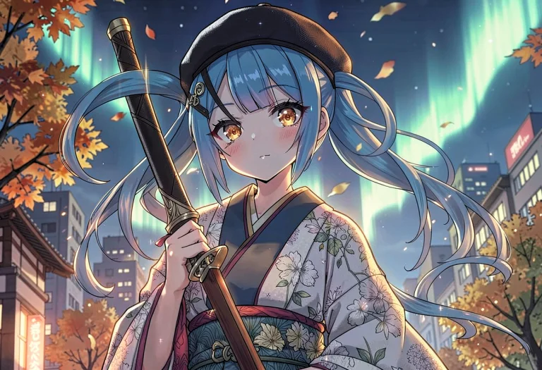 1girl, Solo, Blue Hair, Twintails, Amber Eyes, Kimono, Beret...