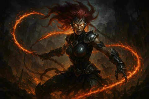 A Striking Depiction Of Fury From Darksiders, Surrounded By... — Stable Diffusion AI Prompt: A striking depiction of Fury from Darksiders, surrounded by a fiery aura. She st...