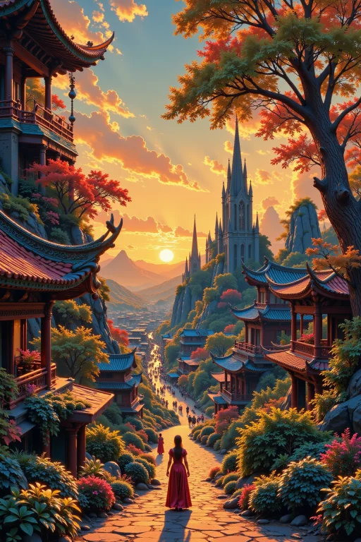 An Oriental Fantasy City Beautiful Landscape, Golden Hour, W...