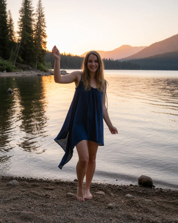 A Photograph Of A Young Woman Standing Barefoot On A Rocky L...