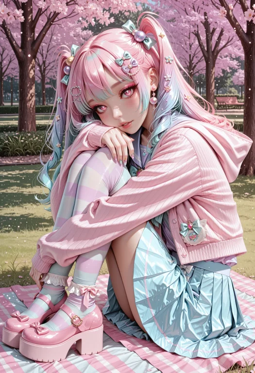 1girl, Pastel Pink Hair, Pastel Blue Hair, Two Side Up, Hair...